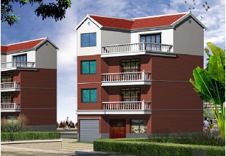 紅色外墻帶車庫四層自建房設計圖，帶屋頂露臺