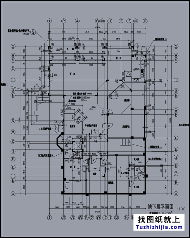 240平方米帶地下室二層豪華別墅施工設計圖紙，15x20米