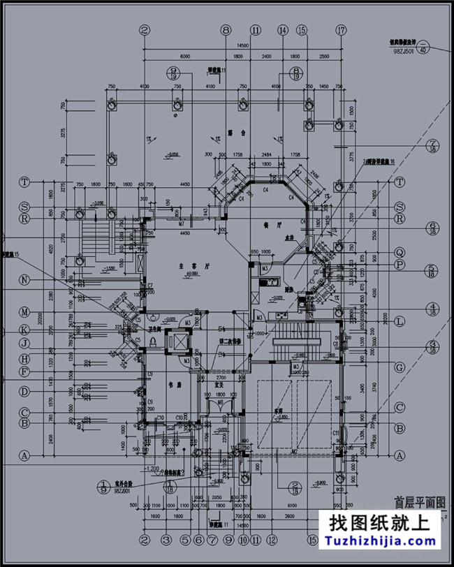 240平方米帶地下室二層豪華別墅施工設計圖紙，15x20米