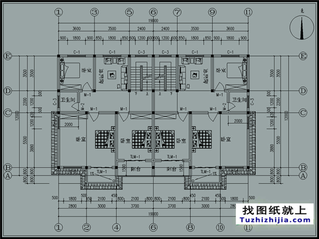  235平方米三層雙拼別墅CAD設(shè)計圖紙，19x12米