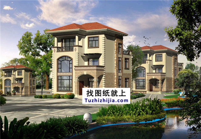 地中海風格三層別墅設計圖紙，帶外觀效果圖