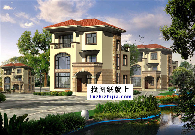 地中海風格三層別墅設計圖紙，帶外觀效果圖