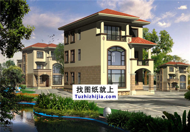 地中海風格三層別墅設計圖紙，帶外觀效果圖