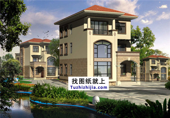 地中海風格三層別墅設計圖紙，帶外觀效果圖