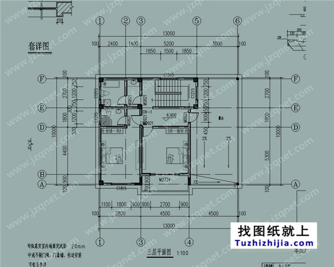 125平方米新農(nóng)村三層自建別墅施工設(shè)計(jì)圖，13x10米
