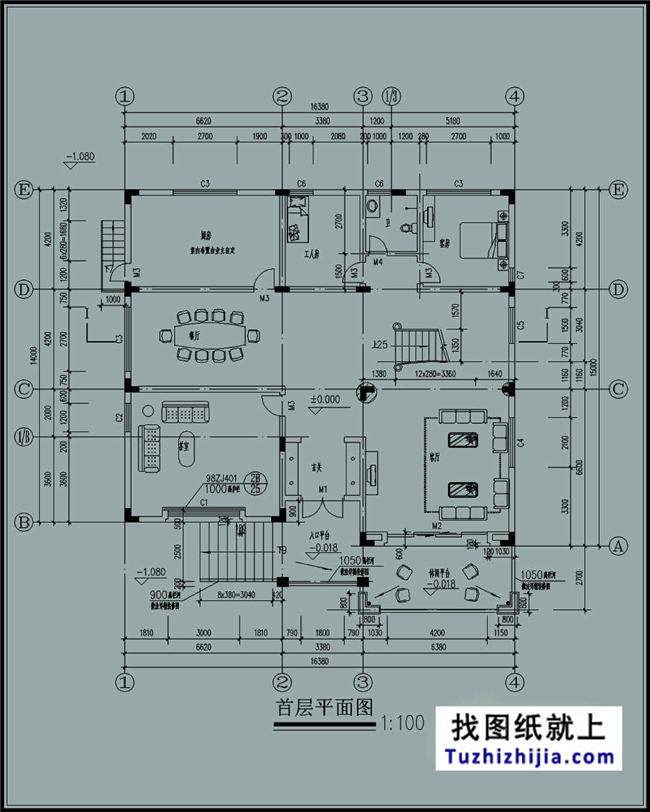 240平方米大氣實用農村三層別墅設計施工圖紙,16x15米