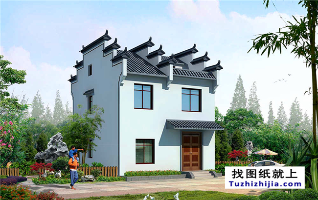 造價:15萬,農村徽派風格三層自建別墅設計圖,8X11米90平方米