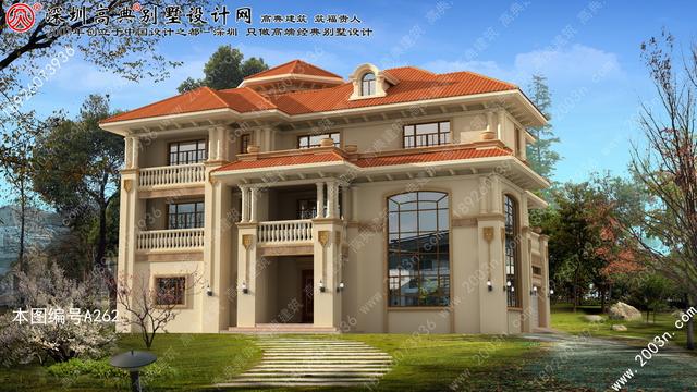 農村自建豪華三層歐式別墅效果圖，自帶觀景平臺+老虎窗