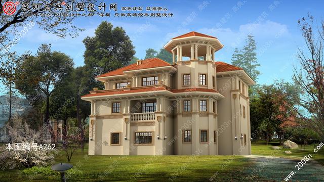 農村自建豪華三層歐式別墅效果圖，自帶觀景平臺+老虎窗