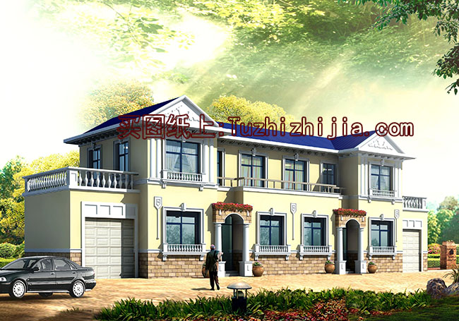 帶車庫農村二層雙拼別墅設計圖，外觀現代