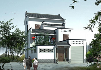 徽派別墅住宅建筑設計圖，灰瓦白墻注重地方特色