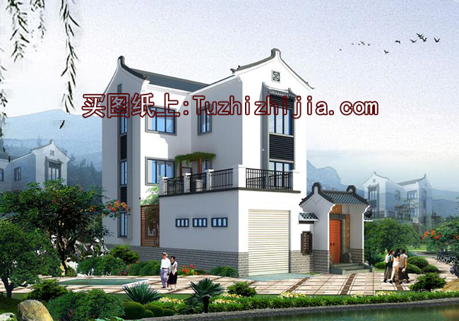 客家風格別墅建筑設計圖，帶外觀效果圖，帶院子