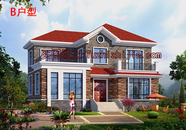 地中海風格二層別墅房屋設計圖，帶外觀效果圖