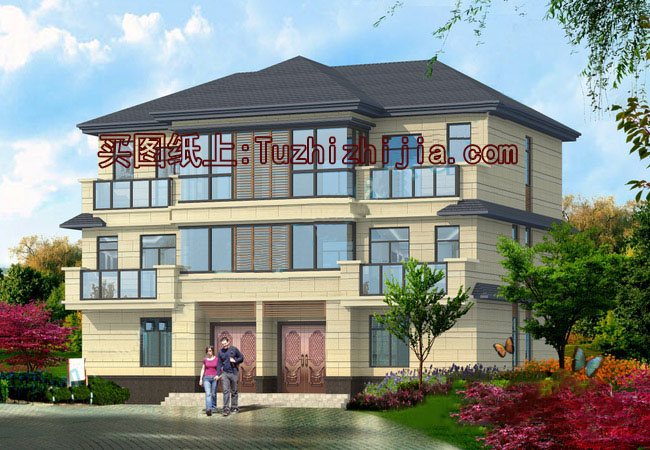 小戶型兄弟雙拼別墅房屋設計圖，帶外觀效果圖