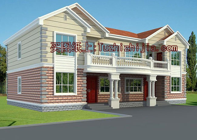 二層復式雙拼別墅設計圖（客廳中空），含外觀效果圖