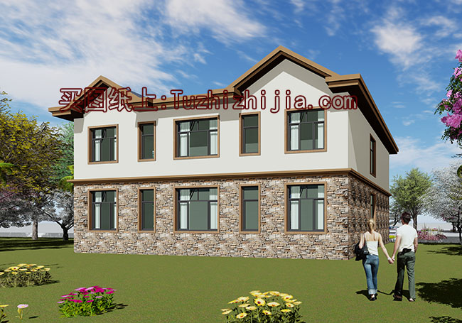 多臥室復式二層別墅房屋設計圖，含外觀效果圖