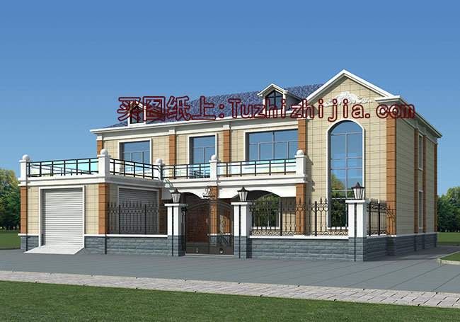 帶院子的四間二層別墅房屋設計圖，帶獨立車庫