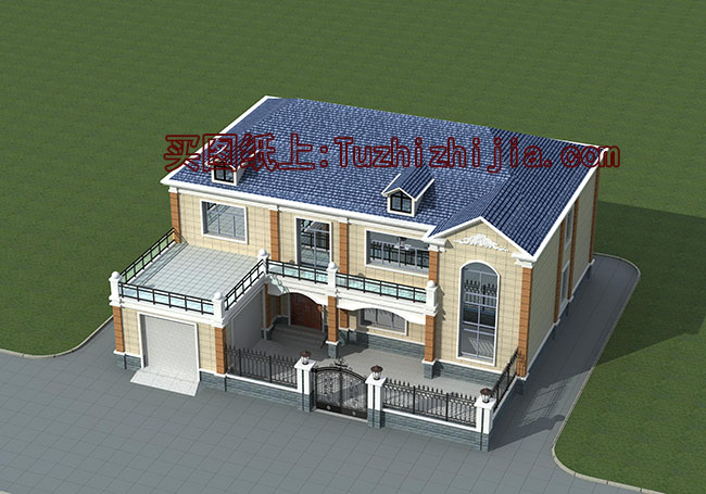 帶院子的四間二層別墅房屋設計圖，帶獨立車庫