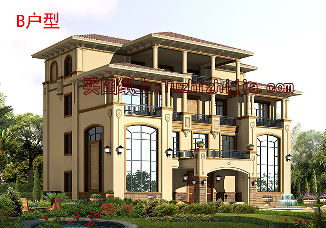 300平四層別墅房屋設計圖，含外觀效果圖，大面積、多臥室