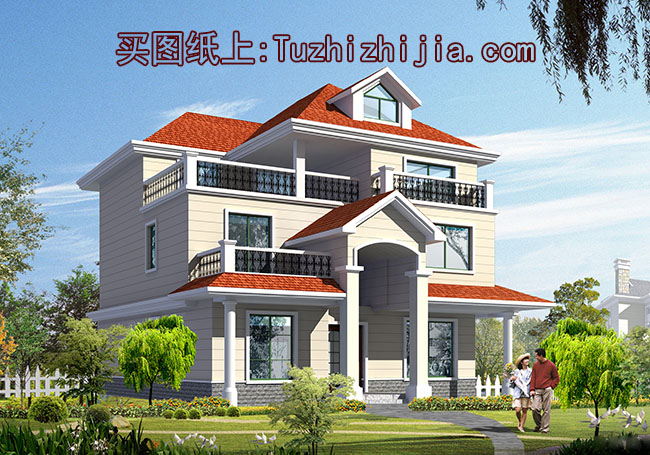 三層樓房設(shè)計(jì)圖紙含效果圖，外觀造型高低錯(cuò)落，別致大方