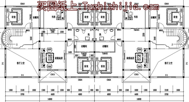 復(fù)式三層雙拼別墅設(shè)計(jì)圖，客廳中空，旋轉(zhuǎn)樓梯