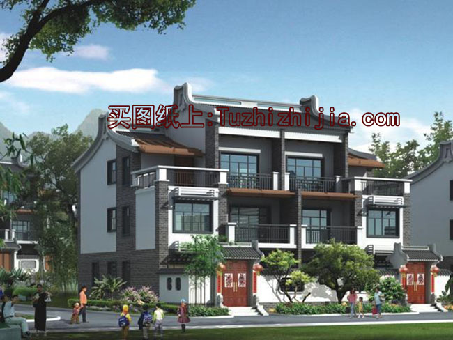 徽派新農村三層雙拼別墅效果圖及施工圖，18x12米