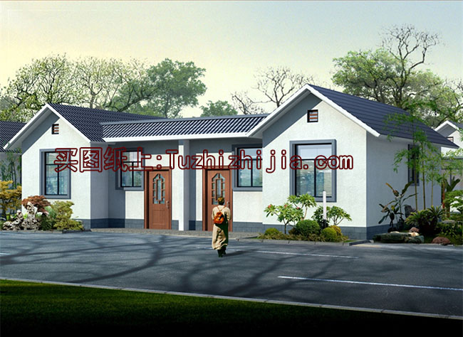 小型雙拼一層平房設計圖，外觀古樸