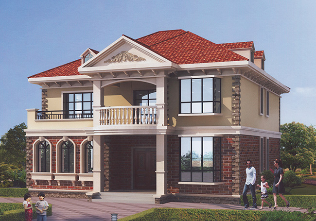 140平二層帶閣樓別墅設計方案圖，外觀圖片色彩明快