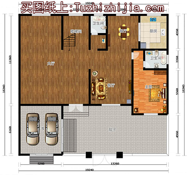 帶院子的四間二層別墅房屋設計圖，帶獨立車庫
