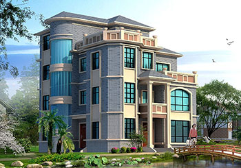 高端歐式四層別墅房屋施工圖紙及效果圖，圓弧大窗