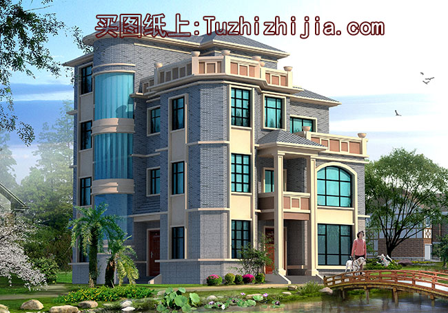 高端歐式四層別墅房屋施工圖紙及效果圖，圓弧大窗