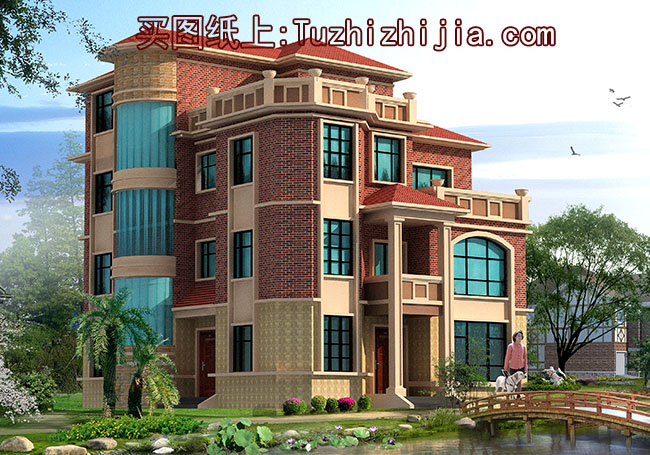 高端歐式四層別墅房屋施工圖紙及效果圖，圓弧大窗