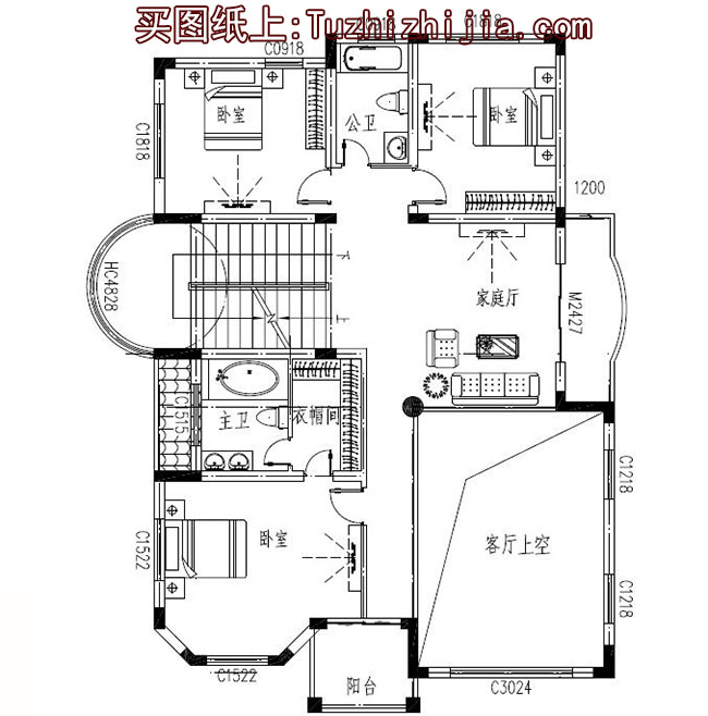 高端歐式四層別墅房屋施工圖紙及效果圖，圓弧大窗