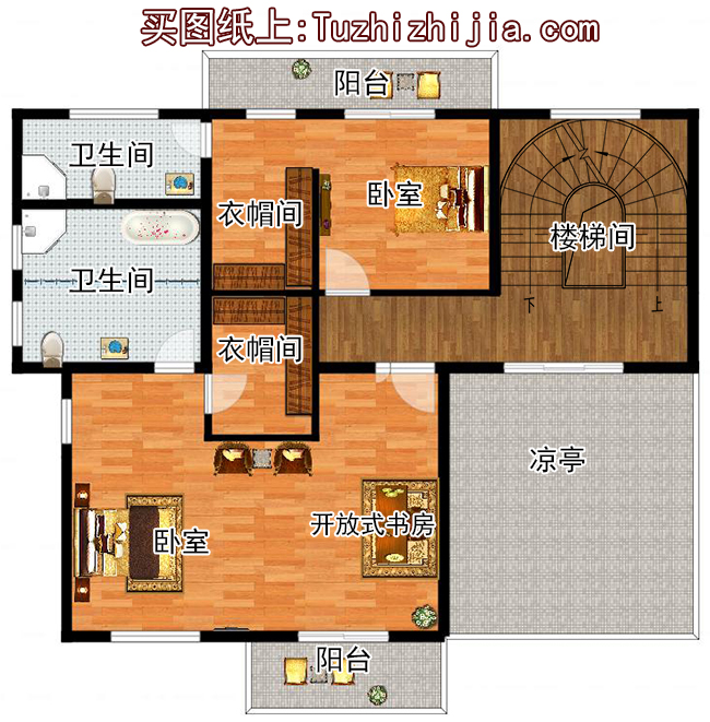 現(xiàn)代新中式四層復(fù)式別墅房屋設(shè)計(jì)圖，旋轉(zhuǎn)樓梯，含效果圖