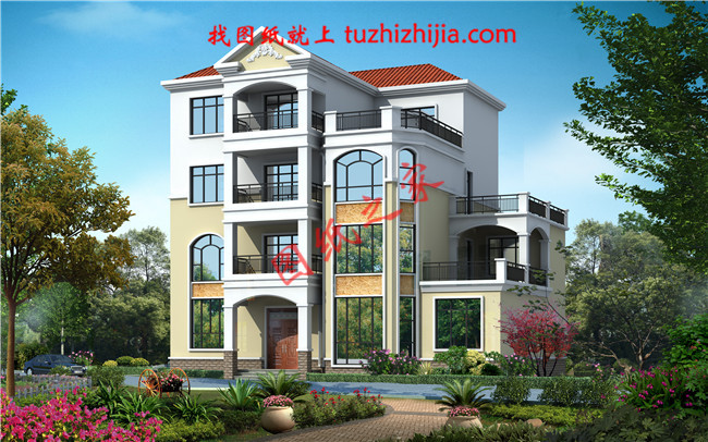 四層豪簡歐風格的自建房屋造型,客廳中空,旋轉樓梯,二三四層都帶有露臺