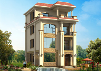 8.5×12米四層歐式房屋設計圖紙，占地100平，落地窗中嵌入了雕花