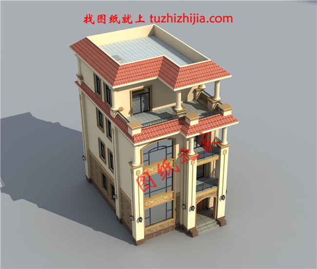 8.5&times;12米四層歐式房屋設(shè)計圖紙，占地100平，落地窗中嵌入了雕花