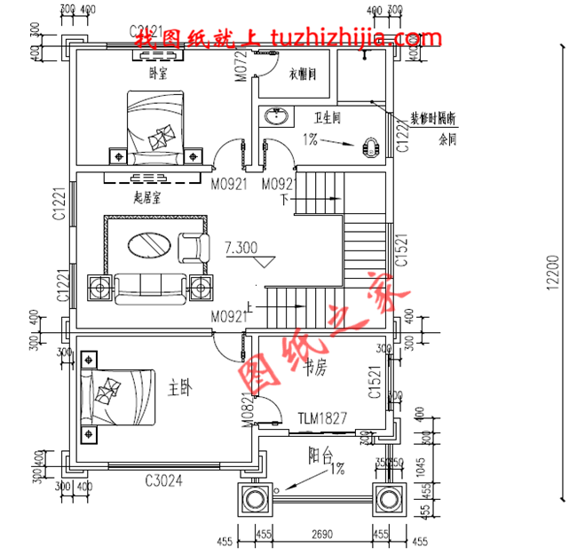 8.5&times;12米四層歐式房屋設(shè)計圖紙，占地100平，落地窗中嵌入了雕花