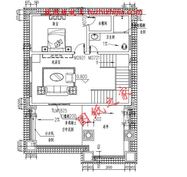 8.5&times;12米四層歐式房屋設(shè)計圖紙，占地100平，落地窗中嵌入了雕花