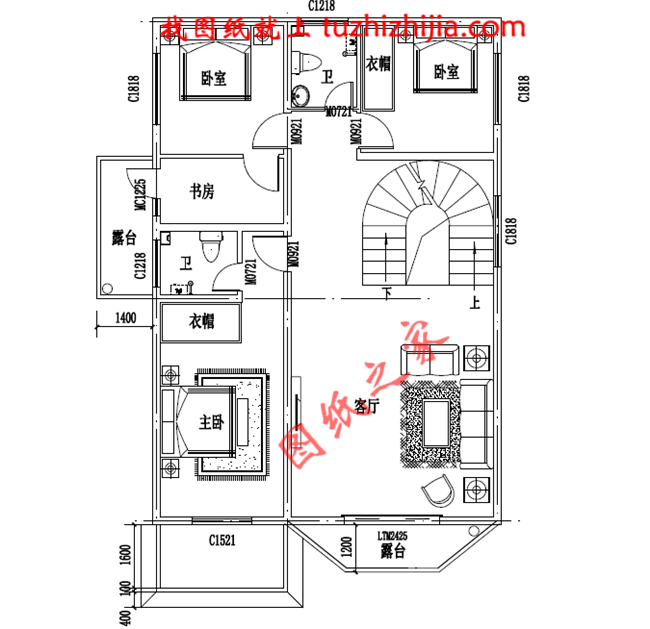 農(nóng)村四層樓房設(shè)計(jì)圖，復(fù)式結(jié)構(gòu)、客廳中空，外觀效果圖+全套圖紙
