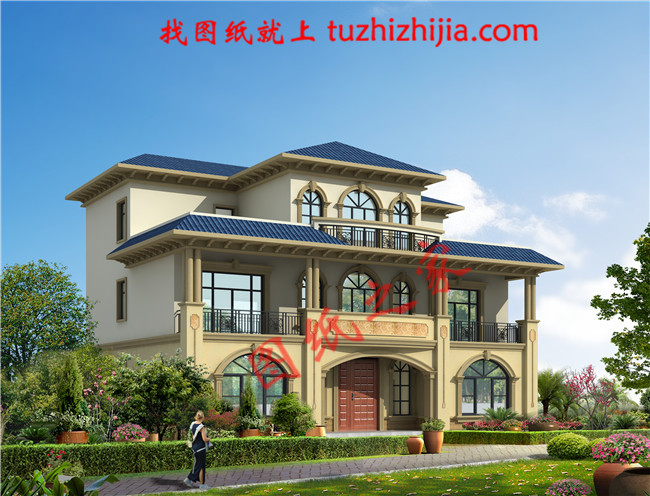 三層新農村別墅設計圖片及全套圖紙,外形對稱,帶露臺,這個戶型宅基地大小適中