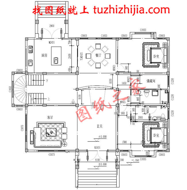 高端三層別墅設計圖紙，客廳中空，帶地下室，設置多個套間