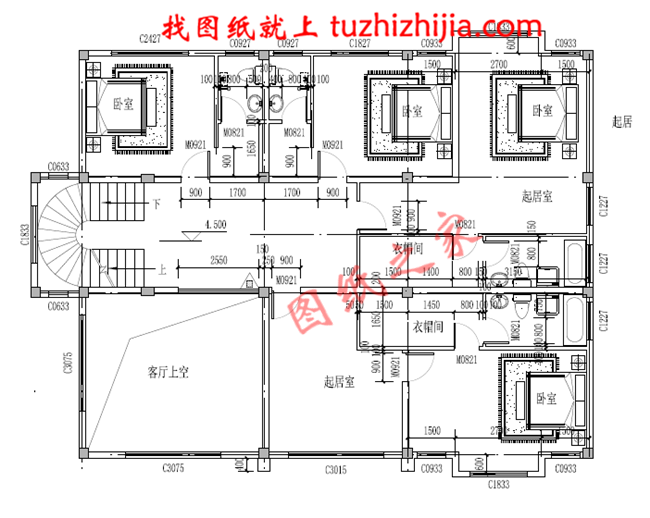 高端三層別墅設計圖紙，客廳中空，帶地下室，設置多個套間