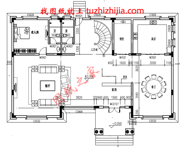 豪華二層別墅設計圖紙及別墅圖片，旋轉樓梯，內設佛堂，大大落地窗