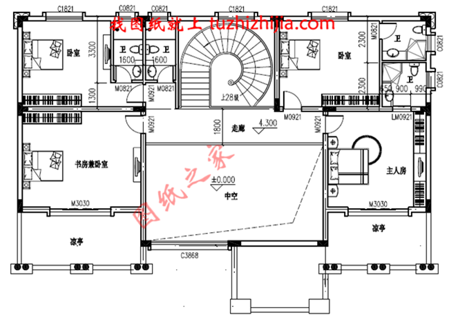 豪華二層別墅設計圖紙及別墅圖片，旋轉樓梯，內設佛堂，大大落地窗