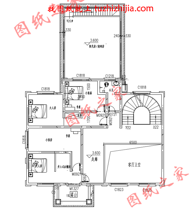 層自建房設計圖紙設計圖片,復式農村別墅,客廳中空,廚房獨立干凈衛生,帶陽光房