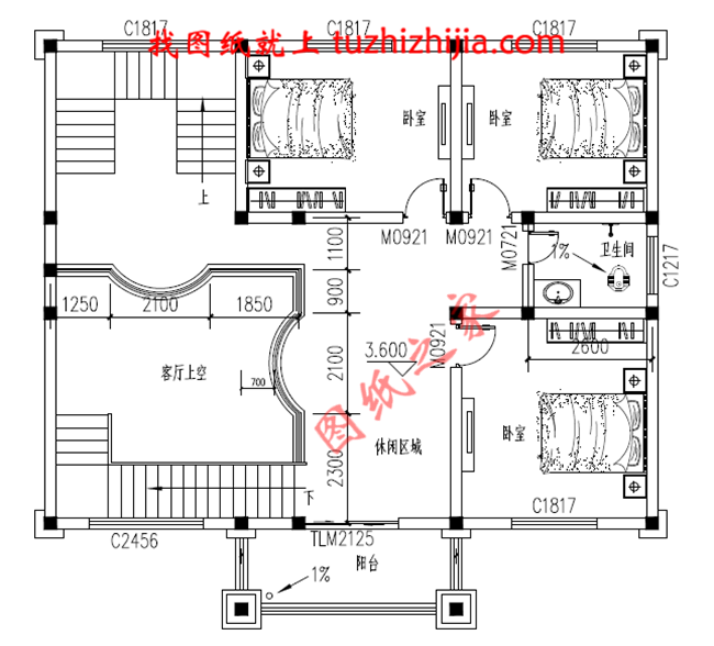三層自建別墅設計圖紙,復式結構客廳中空極大的增加了客廳的開闊度