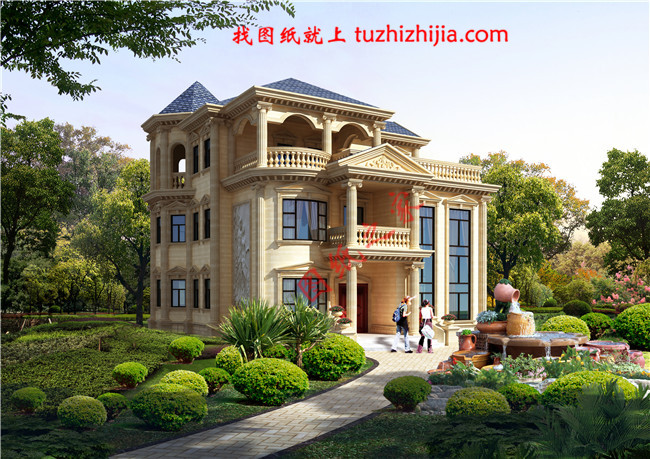 高端大氣三層歐式別墅設計圖紙，客廳中空，旋轉樓梯增加室內的高級感