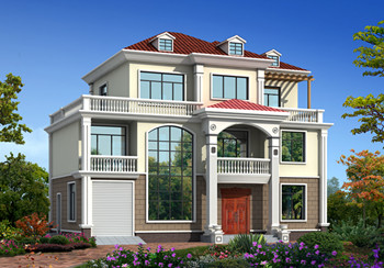 農村4間3層樓房設計圖，帶車庫，挑空客廳，坡屋頂設計