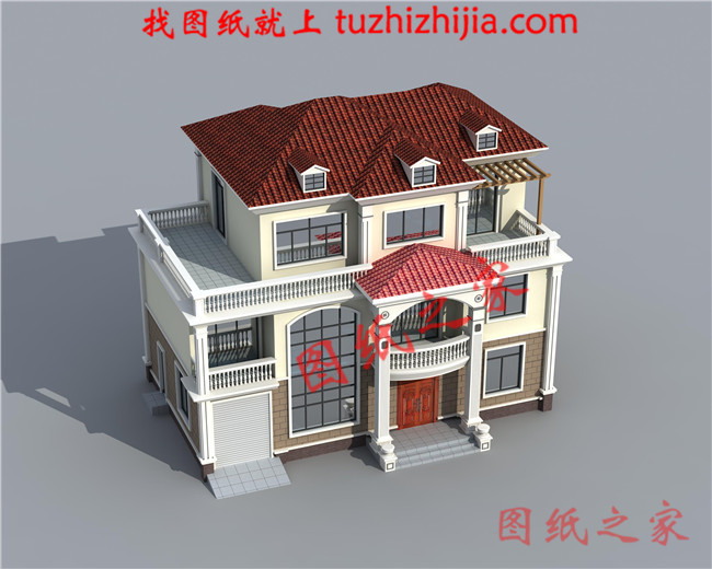 農村4間3層樓房設計圖，帶車庫，挑空客廳，坡屋頂